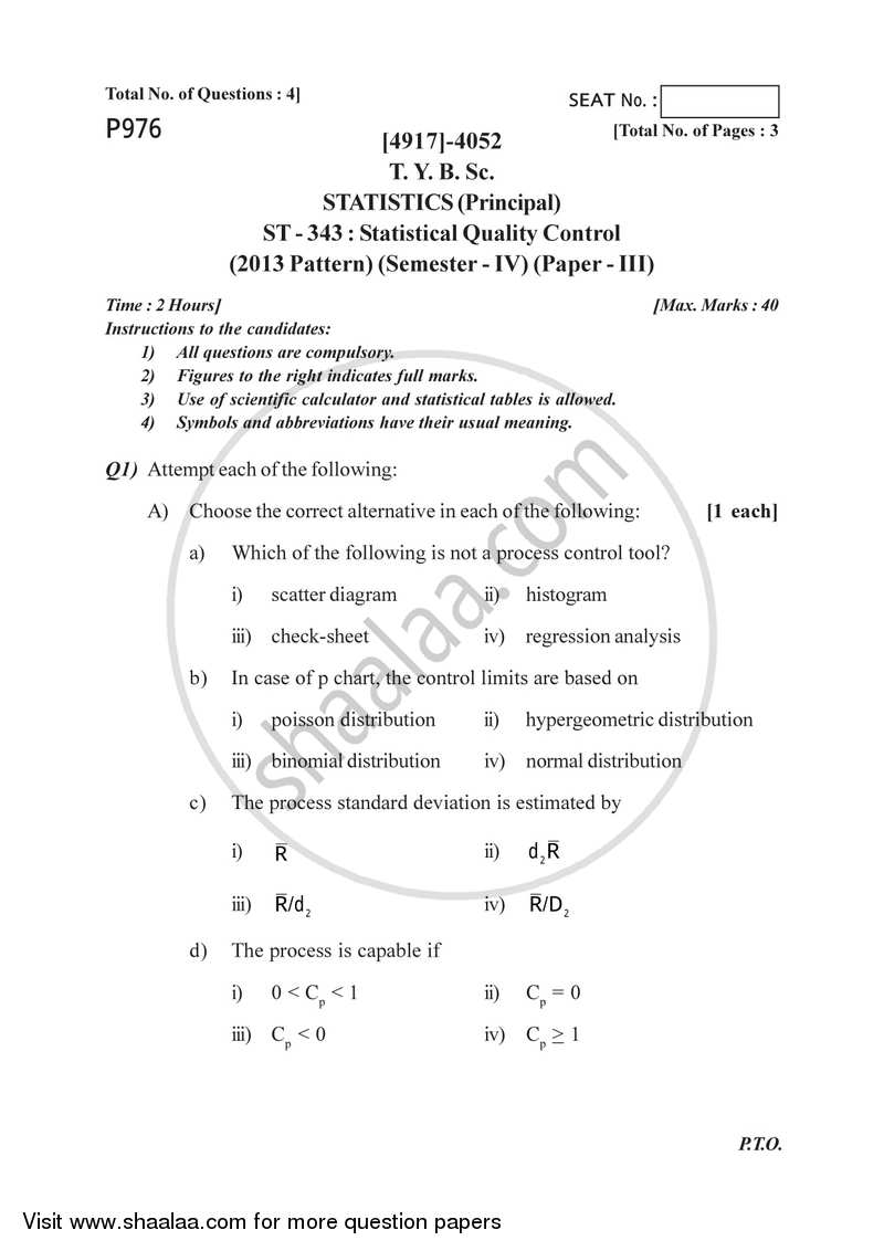 Statistical Process Control (Off Line Methods) 2015-2016 - B.Sc. - Semester 6 (TYBSc) - University of Pune question paper with PDF download