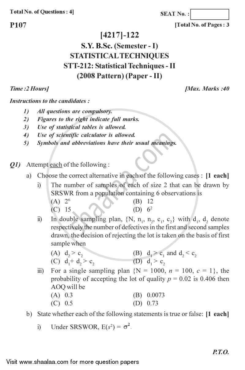 Statistical Techniques 2 2012-2013 - B.Sc. - Semester 3 (SYBSc) - University of Pune question paper with PDF download