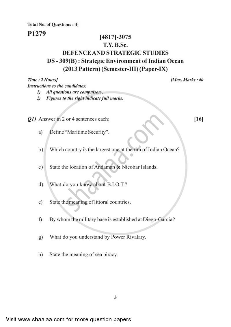 Strategic Environment of Indian Ocean 2015-2016 - B.Sc. - Semester 5 (TYBSc) - University of Pune question paper with PDF download