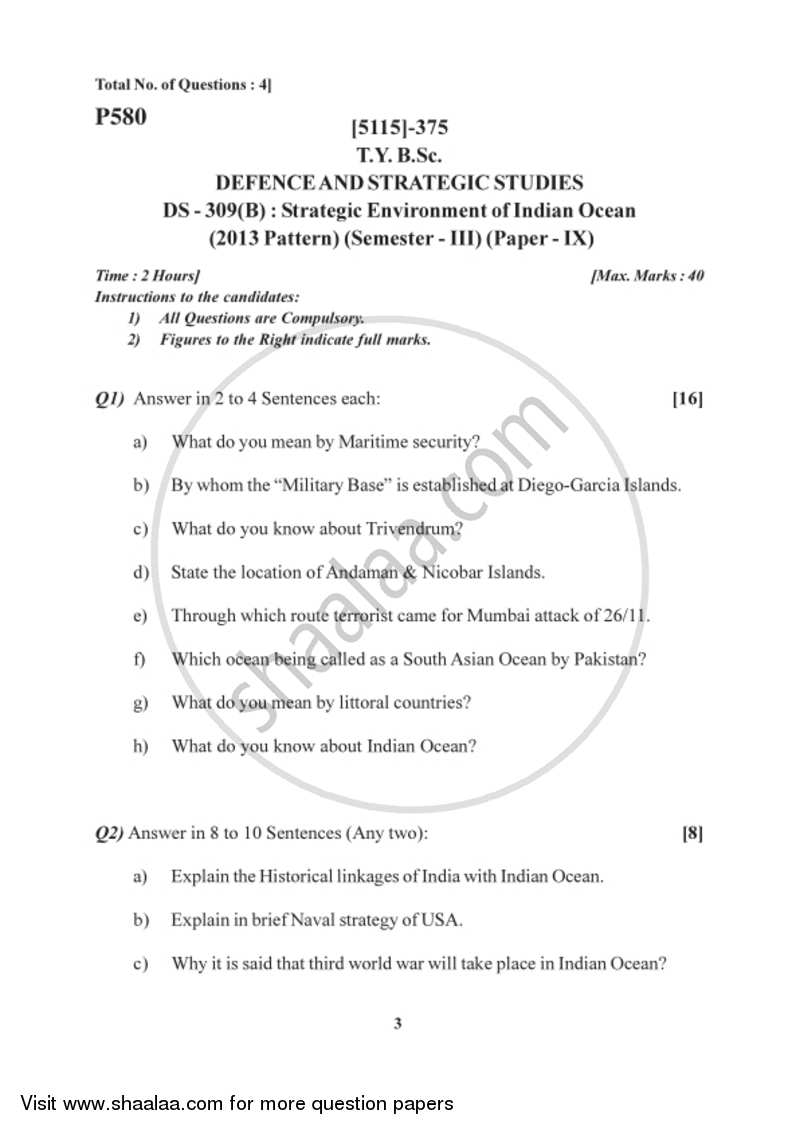 Strategic Environment of Indian Ocean 2016-2017 - B.Sc. - Semester 5 (TYBSc) - University of Pune question paper with PDF download