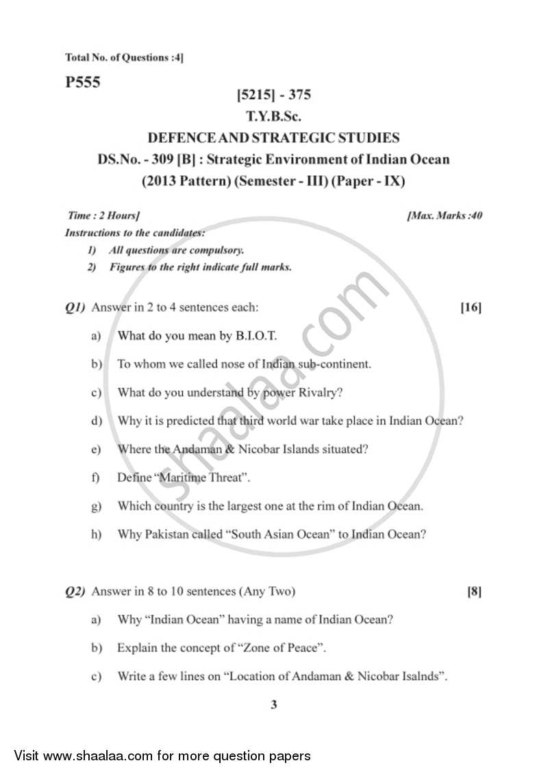 Strategic Environment of Indian Ocean 2017-2018 - B.Sc. - Semester 5 (TYBSc) - University of Pune question paper with PDF download
