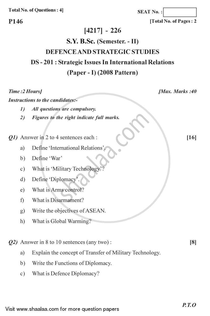 Strategic Issues in International Relations 2012-2013 - B.Sc. - Semester 4 (SYBSc) - University of Pune question paper with PDF download