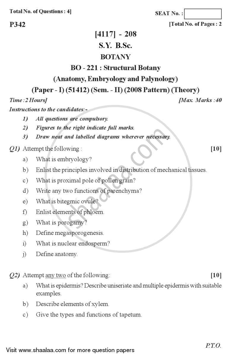 Structural Botany(Anatomy, Embryology and Palynology) 2012-2013 - B.Sc. - Semester 4 (SYBSc) - University of Pune question paper with PDF download