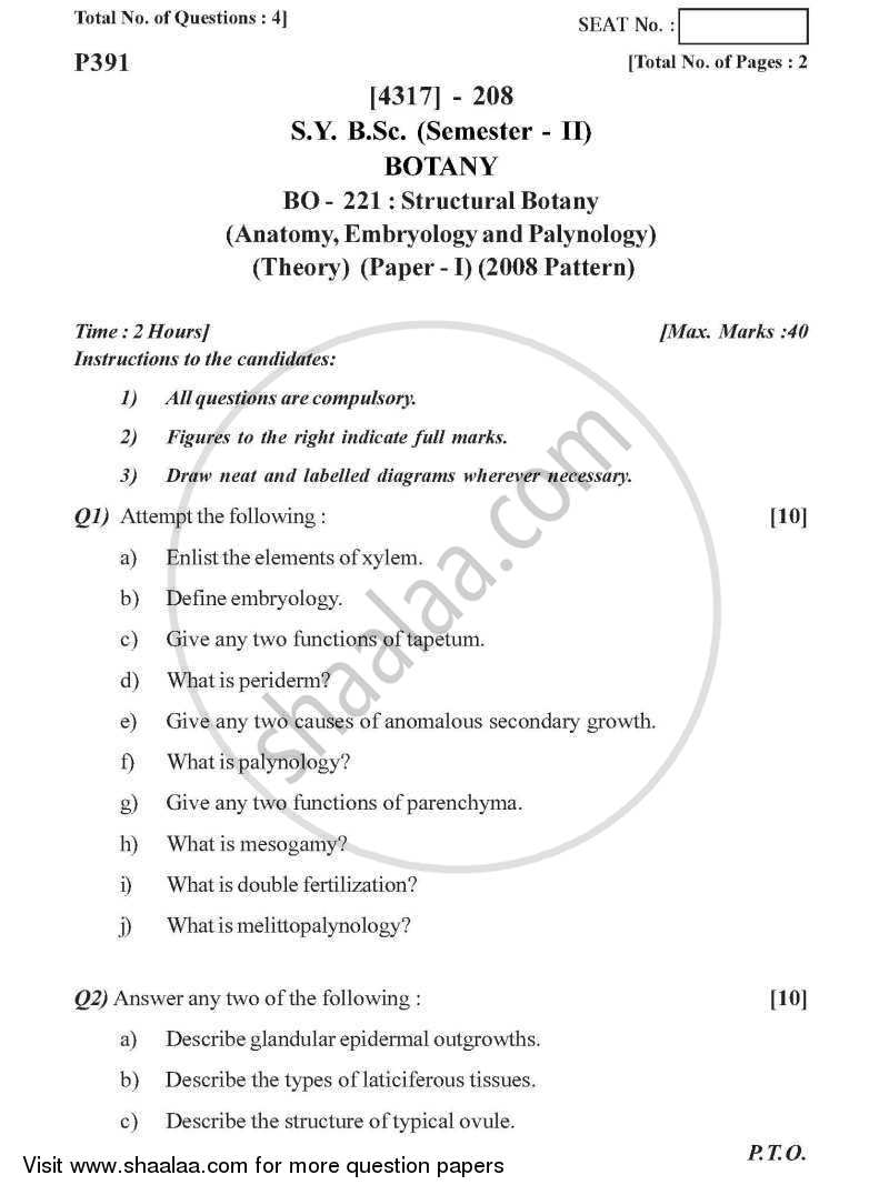 Structural Botany(Anatomy, Embryology and Palynology) 2013-2014 - B.Sc. - Semester 4 (SYBSc) - University of Pune question paper with PDF download