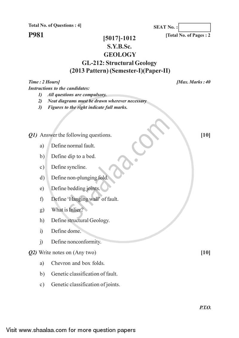 Structural Geology 2016-2017 - B.Sc. - Semester 3 (SYBSc) - University of Pune question paper with PDF download
