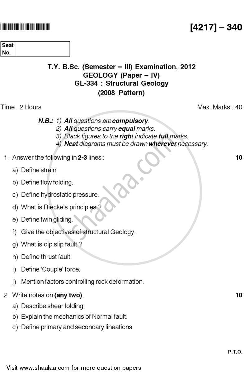 Structural Geology 2012-2013 - B.Sc. - Semester 5 (TYBSc) - University of Pune question paper with PDF download