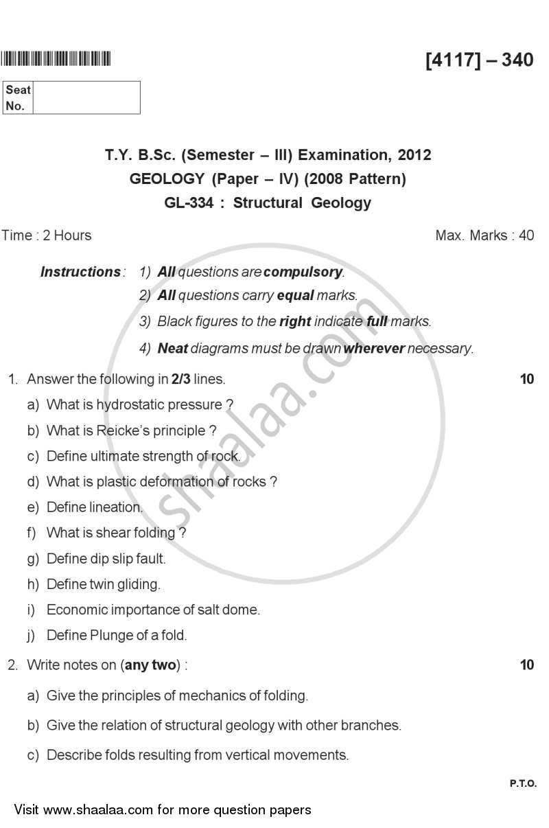 Structural Geology 2012-2013 - B.Sc. - Semester 5 (TYBSc) - University of Pune question paper with PDF download