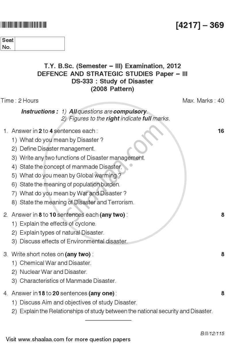 Study of Disaster 2012-2013 - B.Sc. - Semester 5 (TYBSc) - University of Pune question paper with PDF download