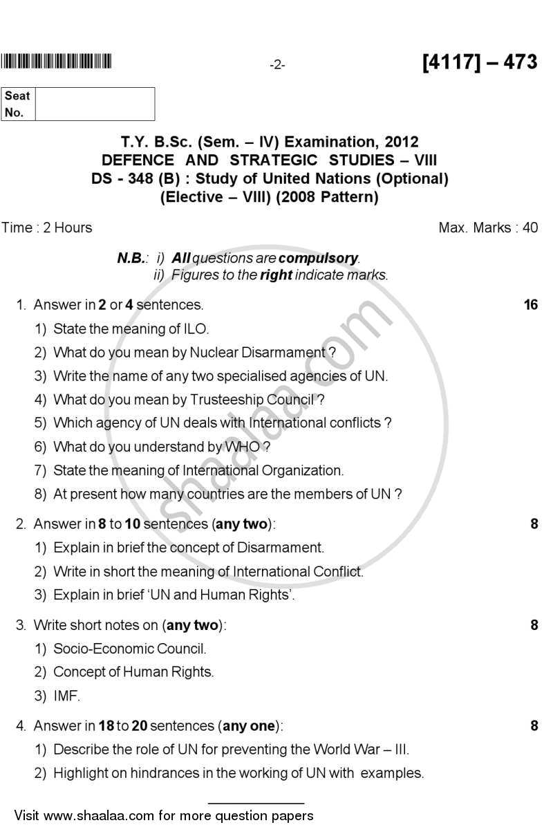 Study of United Nations 2012-2013 - B.Sc. - Semester 6 (TYBSc) - University of Pune question paper with PDF download
