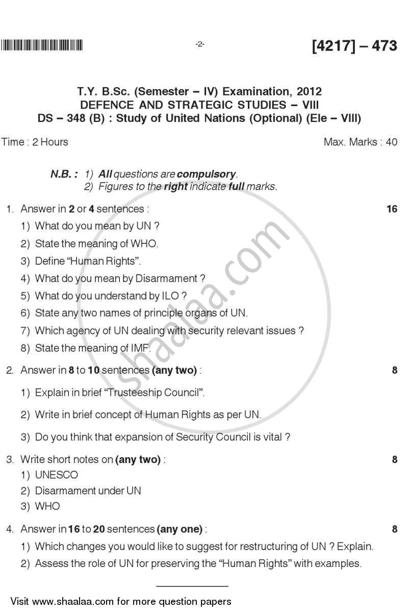 Study of United Nations 2012-2013 - B.Sc. - Semester 6 (TYBSc) - University of Pune question paper with PDF download