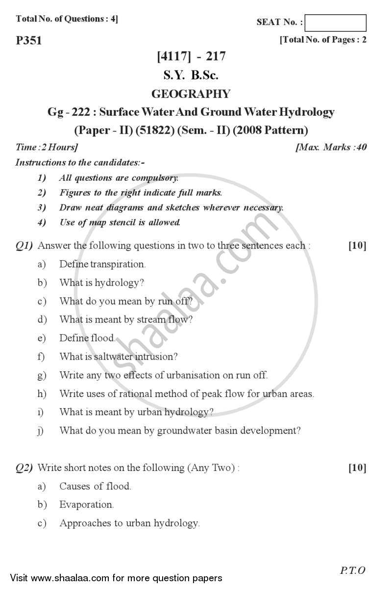 Surface and Groundwater Hydrology 2012-2013 - B.Sc. - Semester 4 (SYBSc) - University of Pune question paper with PDF download