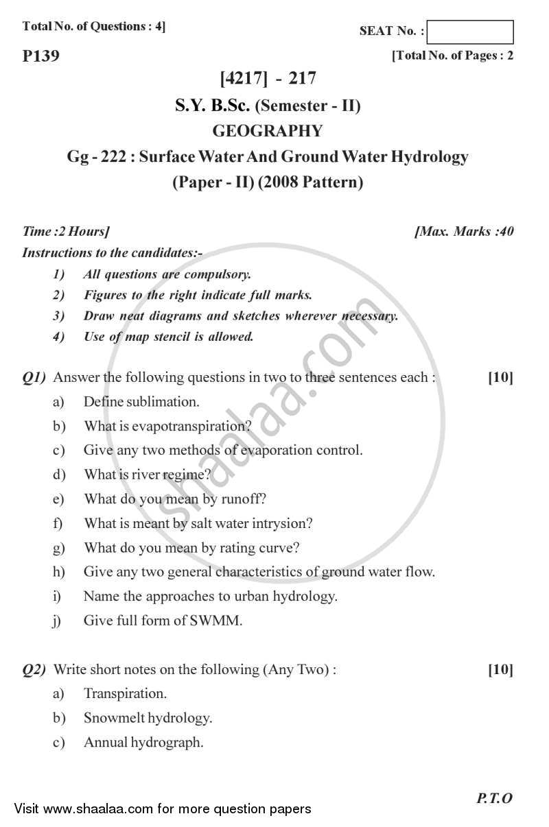 Surface and Groundwater Hydrology 2012-2013 - B.Sc. - Semester 4 (SYBSc) - University of Pune question paper with PDF download
