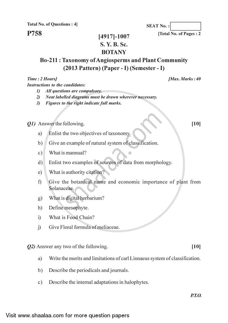 Taxonomy of Angiosperms and Plant Community 2015-2016 - B.Sc. - Semester 3 (SYBSc) - University of Pune question paper with PDF download