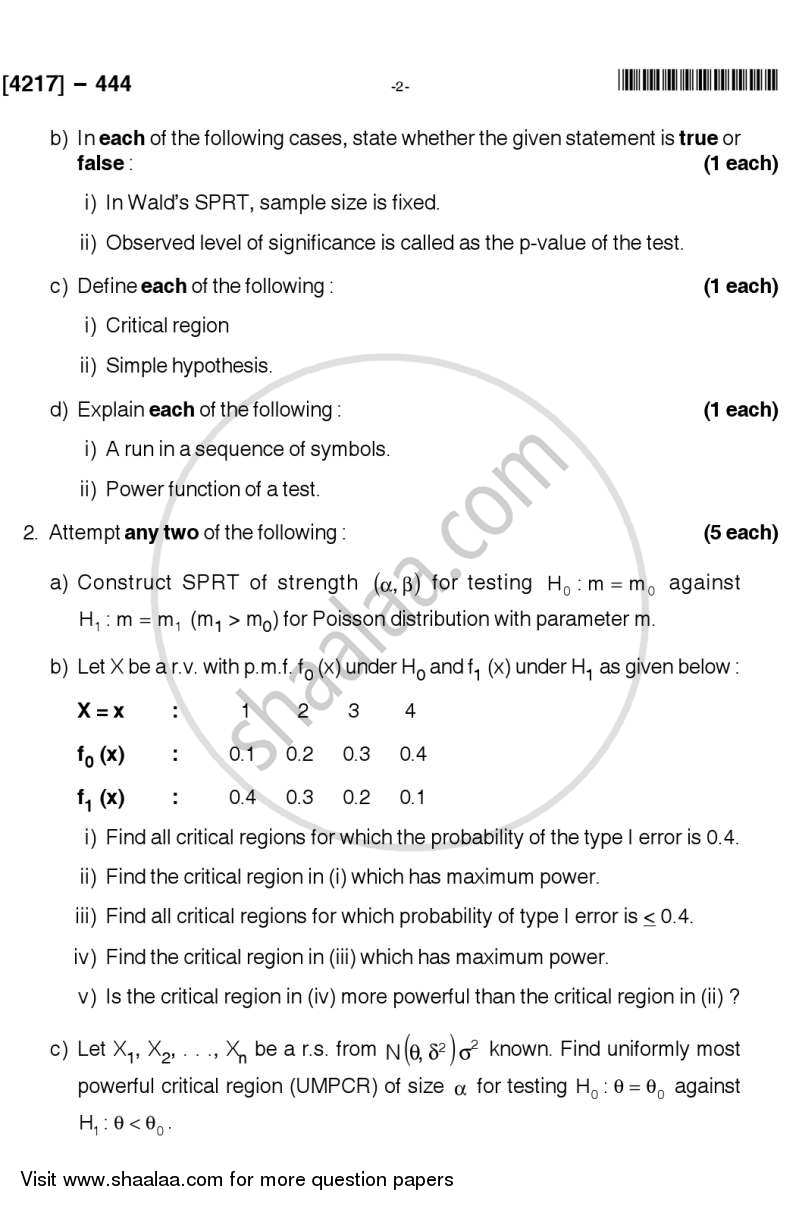 Testing of Hypotheses 2012-2013 - B.Sc. - Semester 6 (TYBSc) - University of Pune question paper with PDF download
