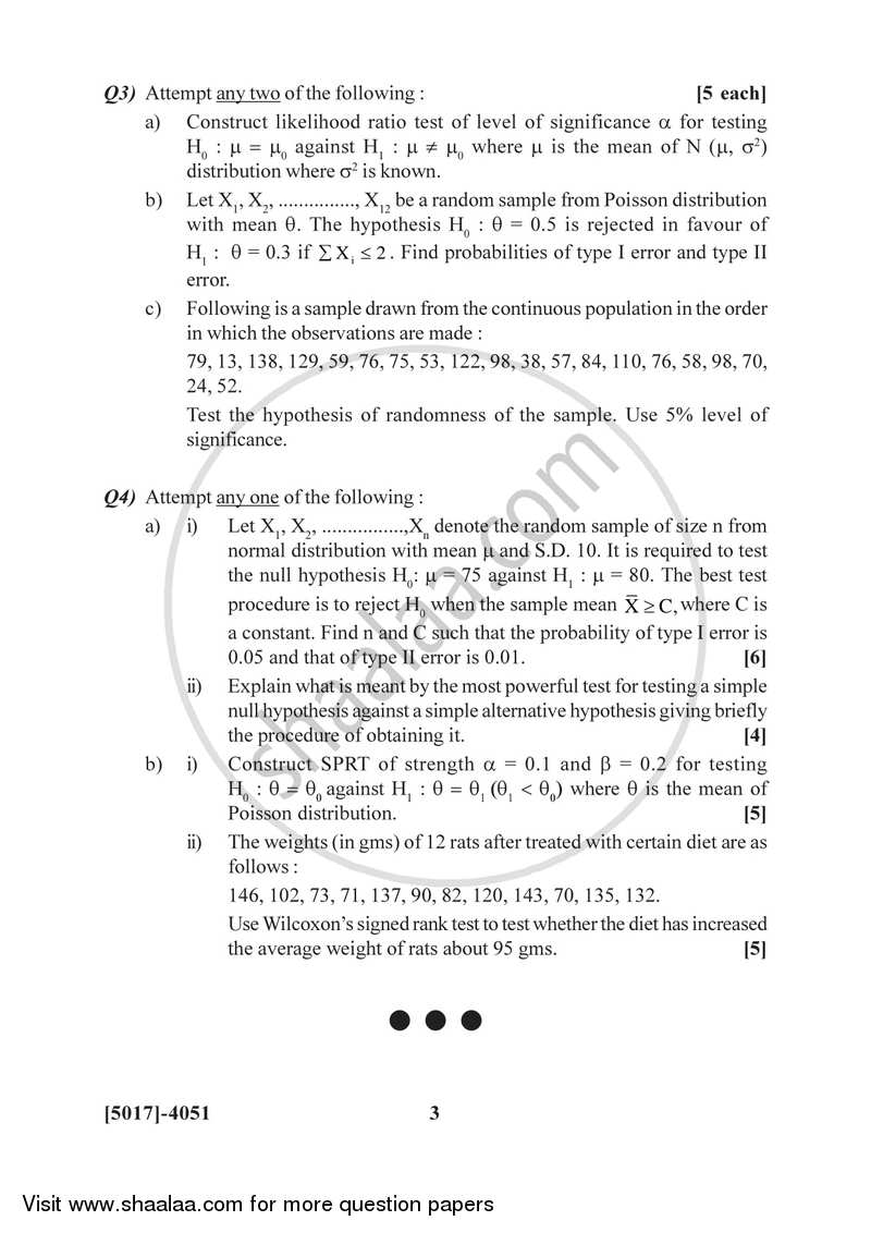 Testing of Hypotheses 2016-2017 - B.Sc. - Semester 6 (TYBSc) - University of Pune question paper with PDF download