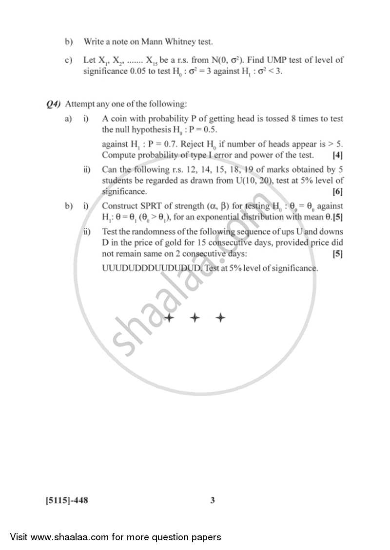 Testing of Hypotheses 2016-2017 - B.Sc. - Semester 6 (TYBSc) - University of Pune question paper with PDF download