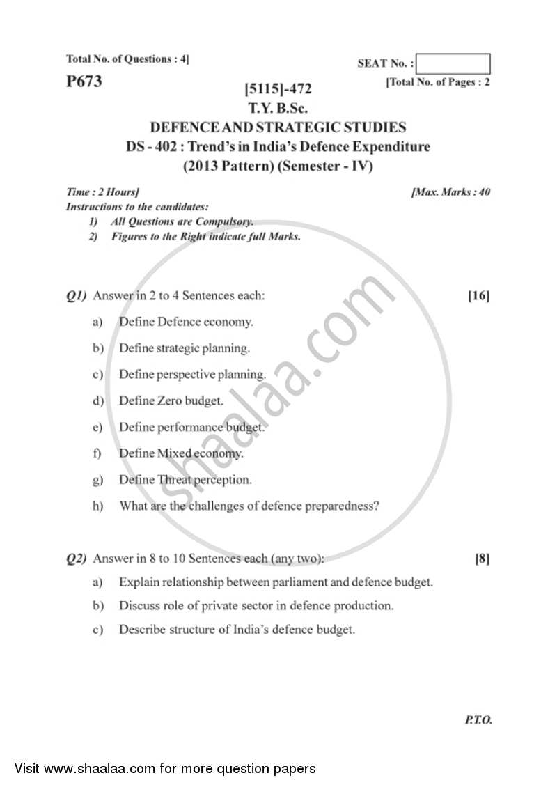 Trends in India’s Defence Expenditure 2016-2017 - B.Sc. - Semester 6 (TYBSc) - University of Pune question paper with PDF download