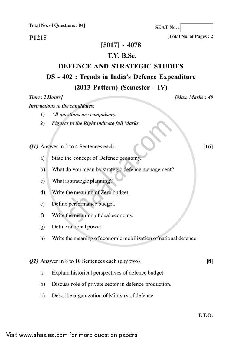 Trends in India’s Defence Expenditure 2016-2017 - B.Sc. - Semester 6 (TYBSc) - University of Pune question paper with PDF download