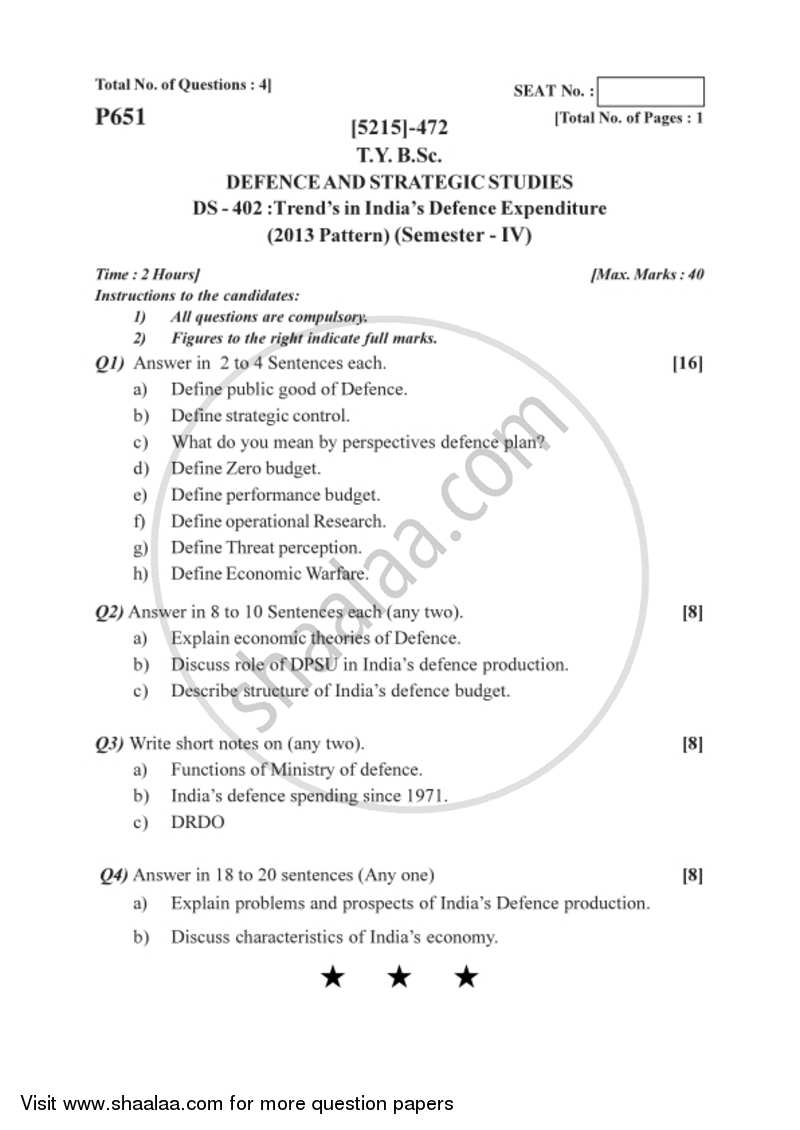 Trends in India’s Defence Expenditure 2017-2018 - B.Sc. - Semester 6 (TYBSc) - University of Pune question paper with PDF download