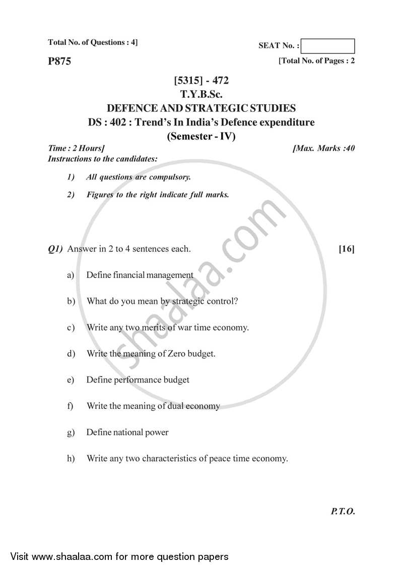 Trends in India’s Defence Expenditure 2017-2018 - B.Sc. - Semester 6 (TYBSc) - University of Pune question paper with PDF download