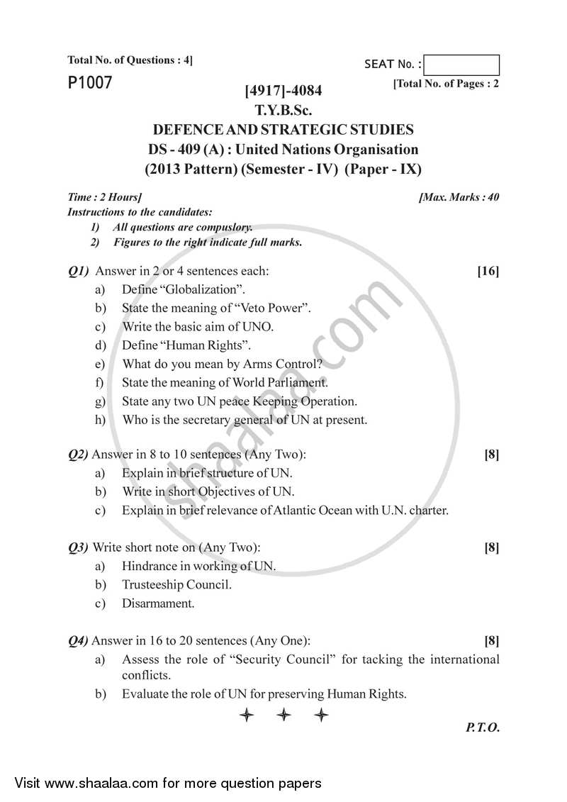 United Nations Organisation 2015-2016 - B.Sc. - Semester 6 (TYBSc) - University of Pune question paper with PDF download