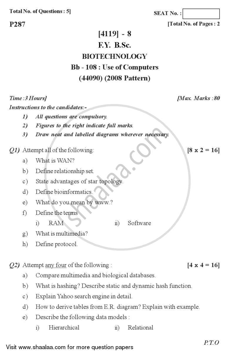 Use of Computers 2012-2013 - B.Sc. - Semester 2 (FYBSc) - University of Pune question paper with PDF download