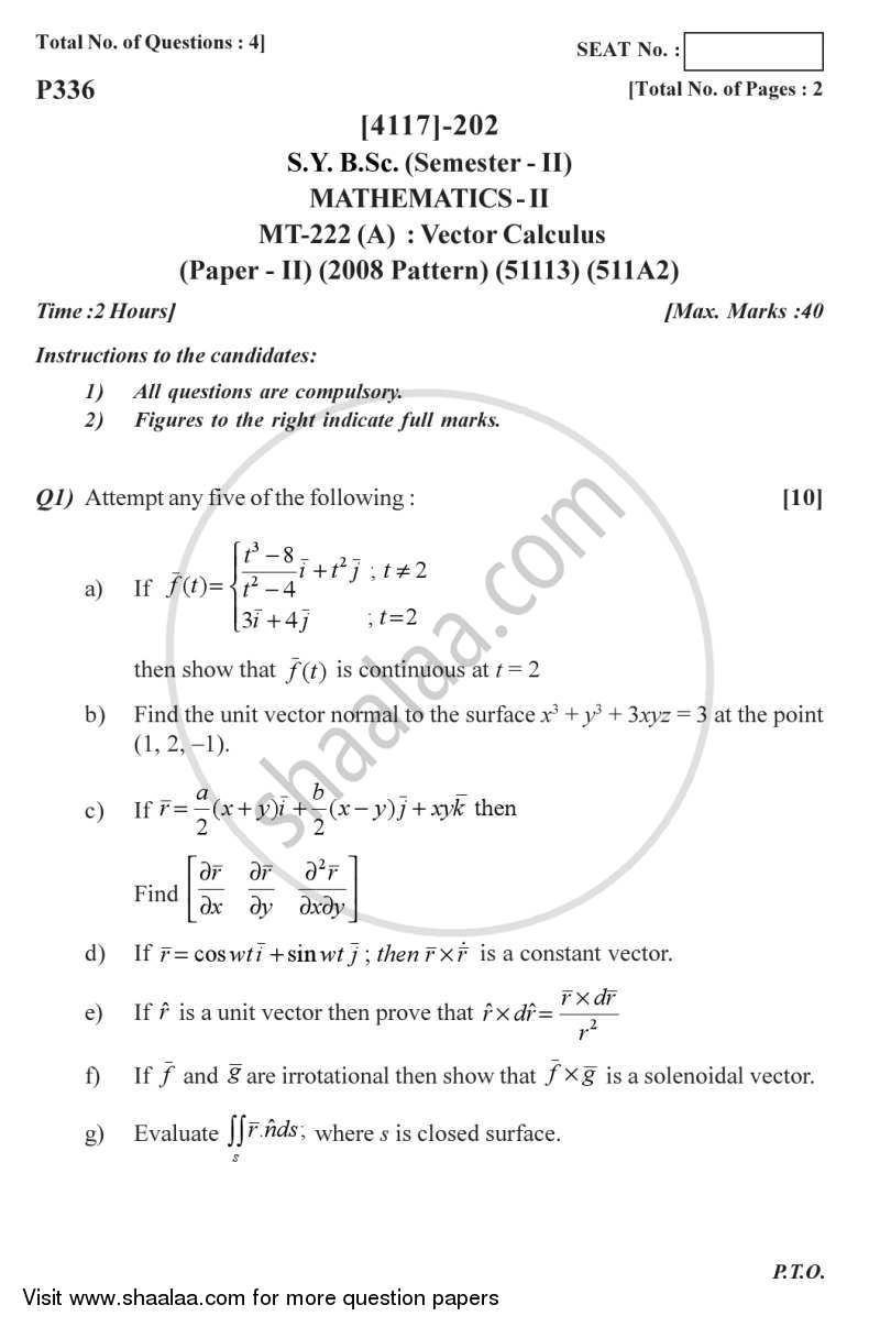 Vector Calculus 2012-2013 - B.Sc. - Semester 4 (SYBSc) - University of Pune question paper with PDF download