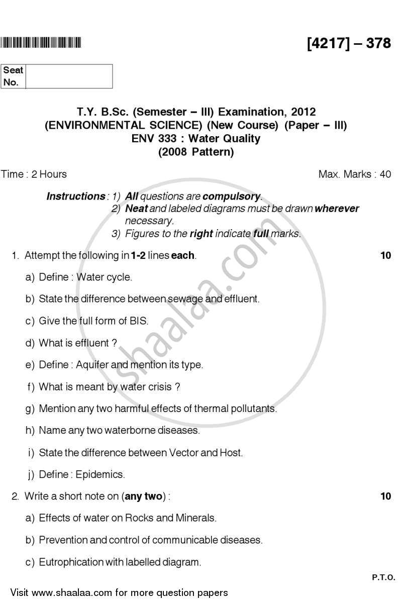 Water Quality 2012-2013 - B.Sc. - Semester 5 (TYBSc) - University of Pune question paper with PDF download
