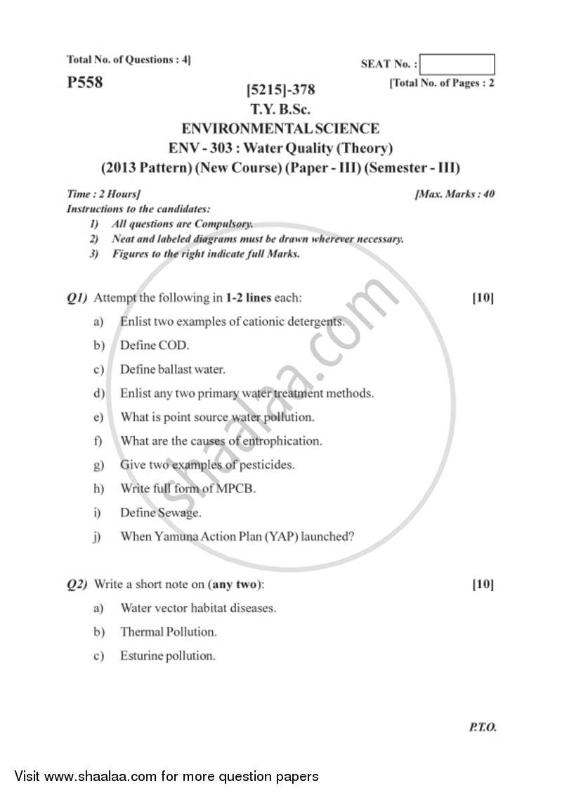 Water Quality 2017-2018 - B.Sc. - Semester 5 (TYBSc) - University of Pune question paper with PDF download