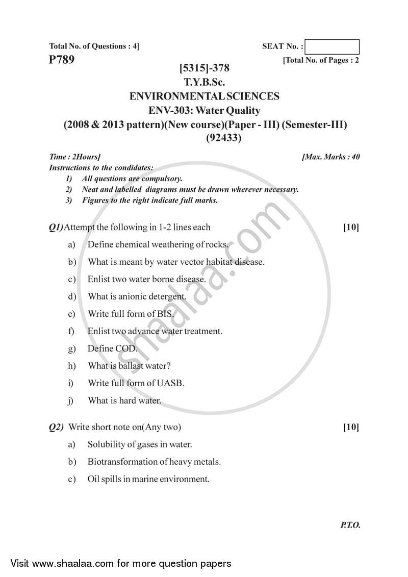 Water Quality 2017-2018 - B.Sc. - Semester 5 (TYBSc) - University of Pune question paper with PDF download