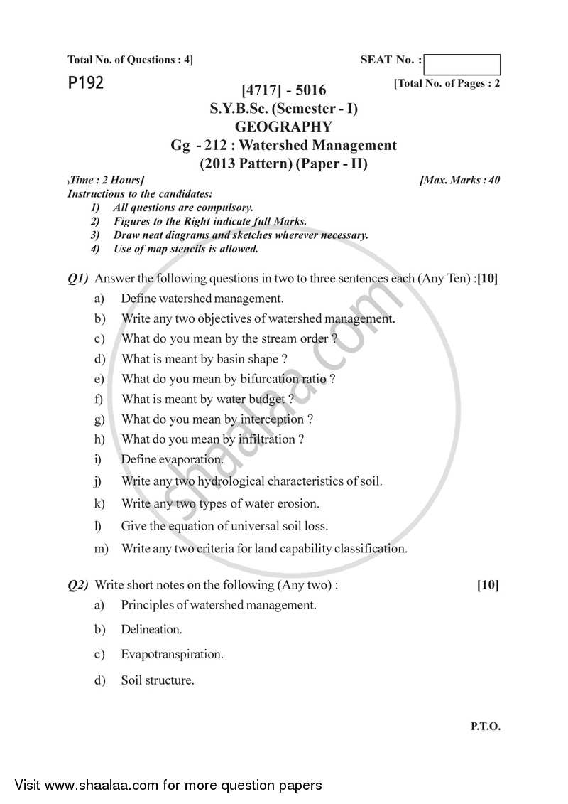 Watershed Management 1 2014-2015 - B.Sc. - Semester 3 (SYBSc) - University of Pune question paper with PDF download