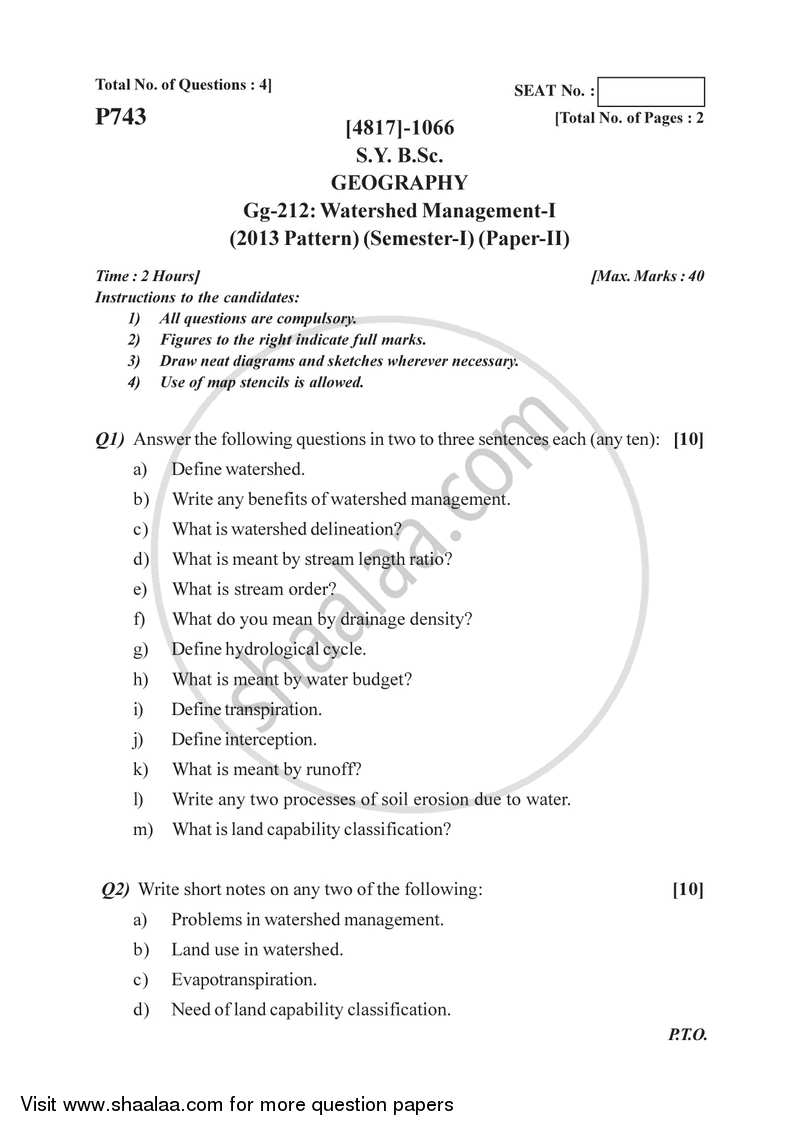 Watershed Management 1 2015-2016 - B.Sc. - Semester 3 (SYBSc) - University of Pune question paper with PDF download