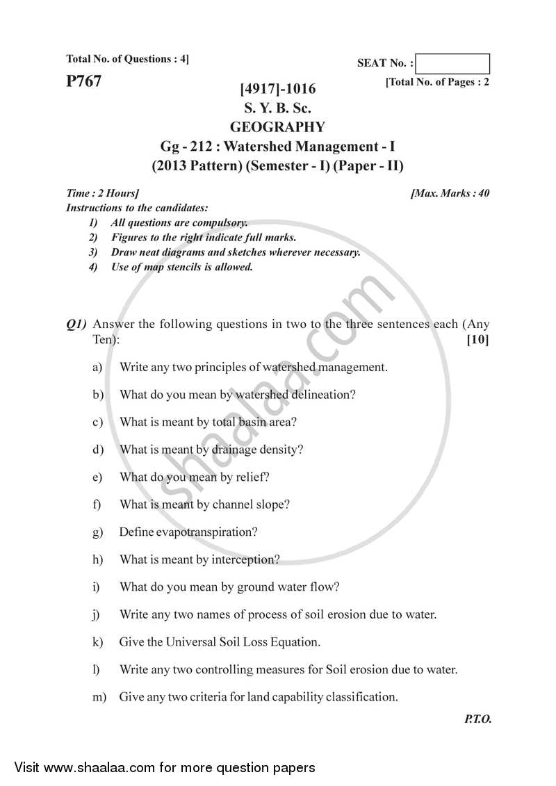 Watershed Management 1 2015-2016 - B.Sc. - Semester 3 (SYBSc) - University of Pune question paper with PDF download