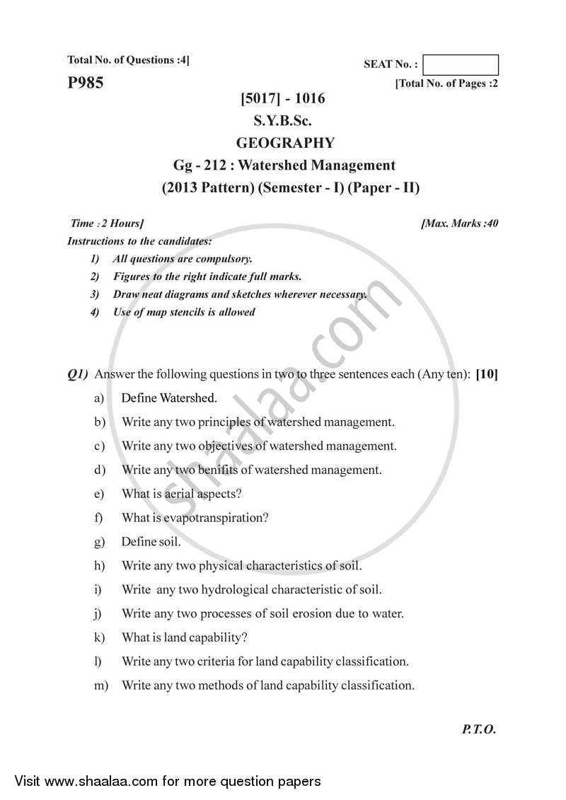 Watershed Management 1 2016-2017 - B.Sc. - Semester 3 (SYBSc) - University of Pune question paper with PDF download