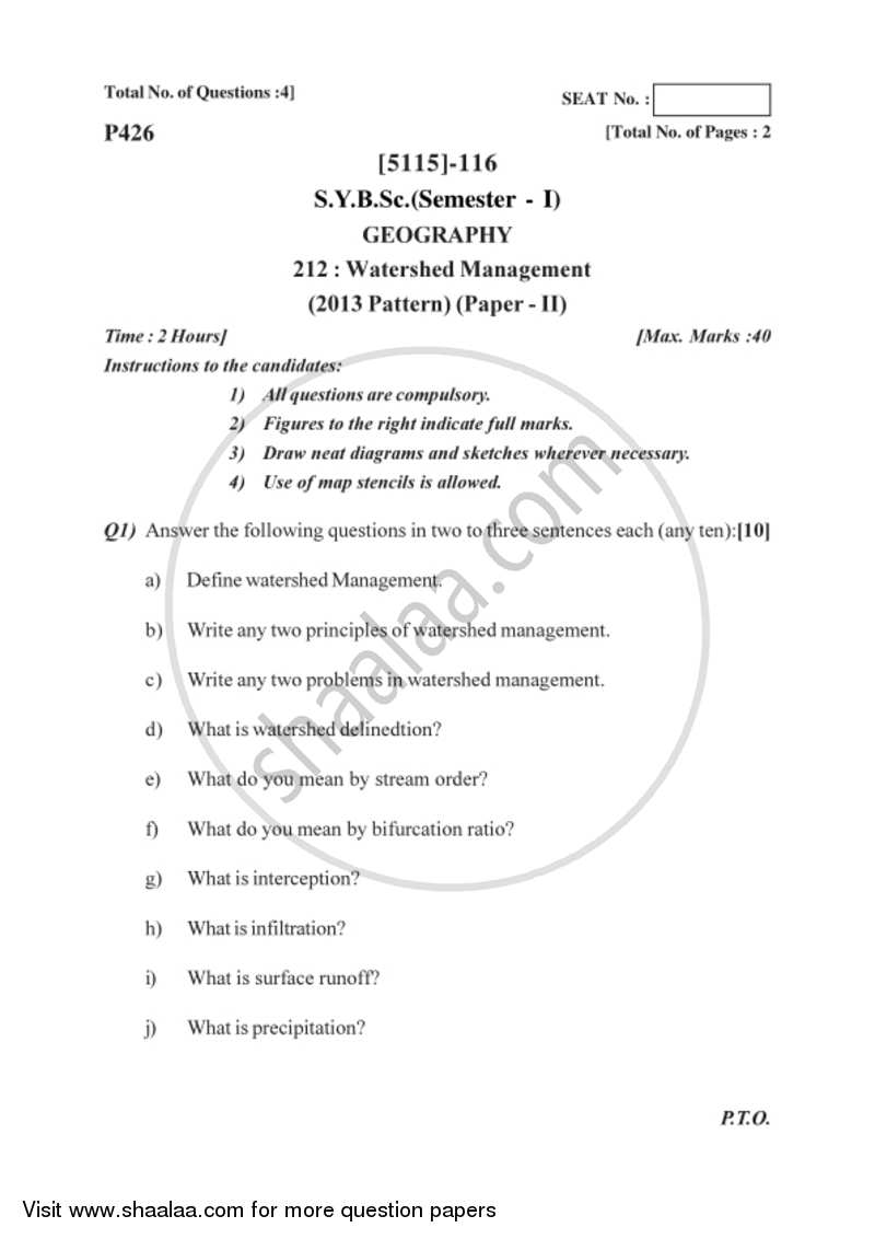 Watershed Management 1 2016-2017 - B.Sc. - Semester 3 (SYBSc) - University of Pune question paper with PDF download