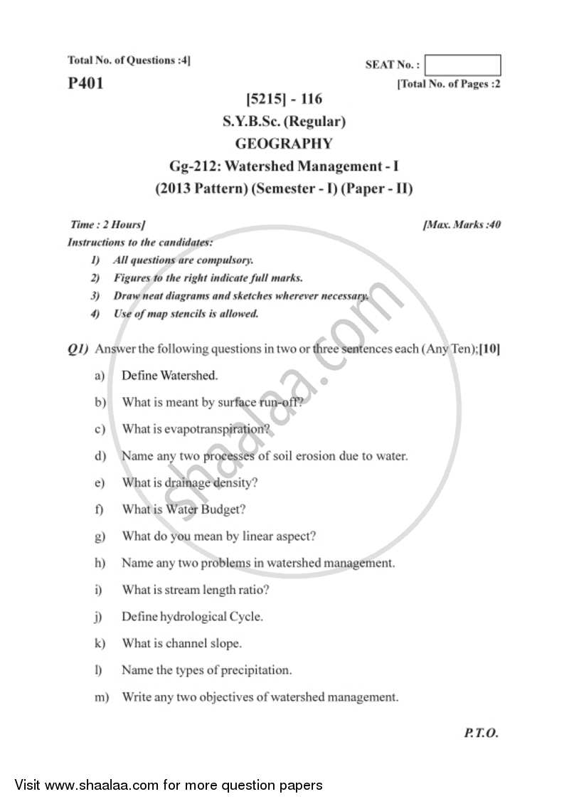 Watershed Management 1 2017-2018 - B.Sc. - Semester 3 (SYBSc) - University of Pune question paper with PDF download