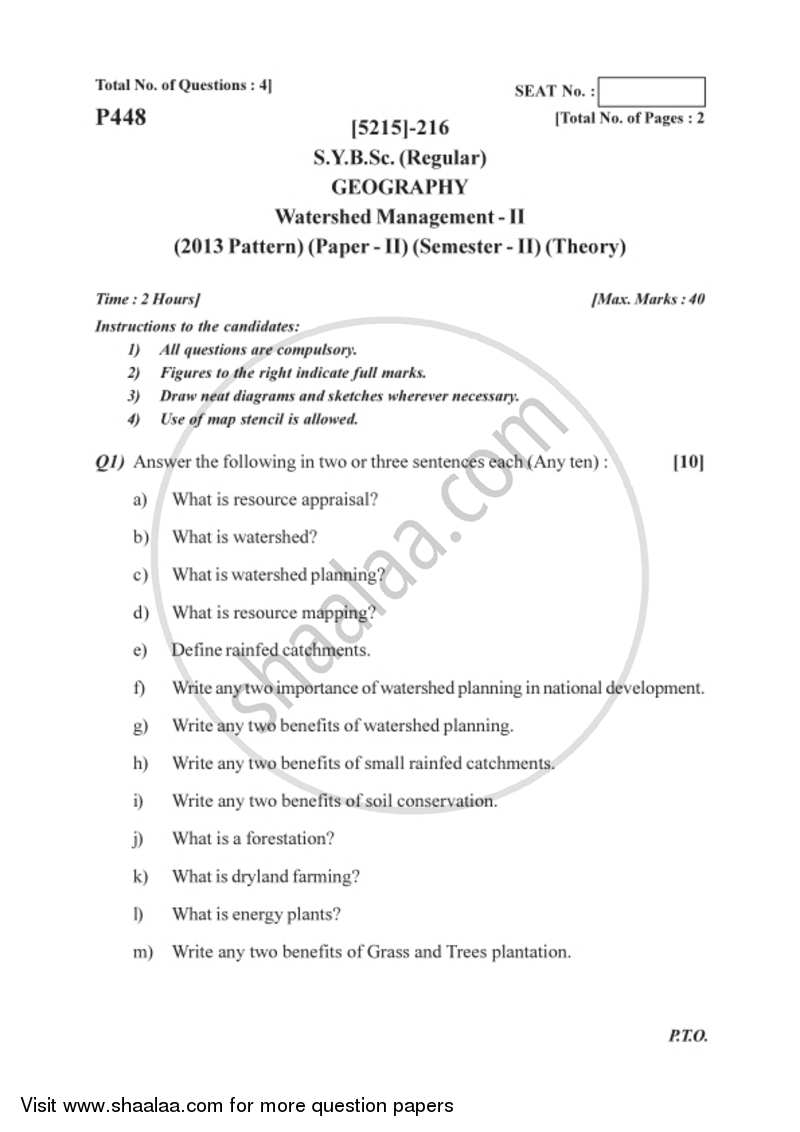 Watershed Management 2017-2018 - B.Sc. - Semester 4 (SYBSc) - University of Pune question paper with PDF download