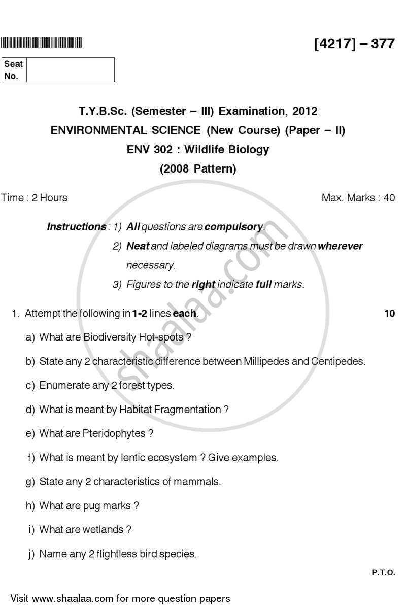 Wildlife Biology 2012-2013 - B.Sc. - Semester 5 (TYBSc) - University of Pune question paper with PDF download
