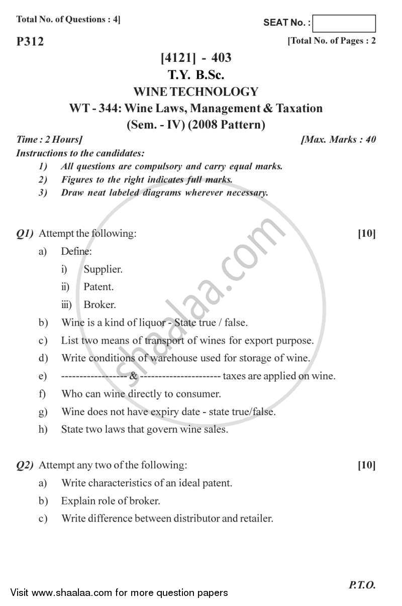 Wine Laws, Management and Taxation 2012-2013 - B.Sc. - Semester 6 (TYBSc) - University of Pune question paper with PDF download
