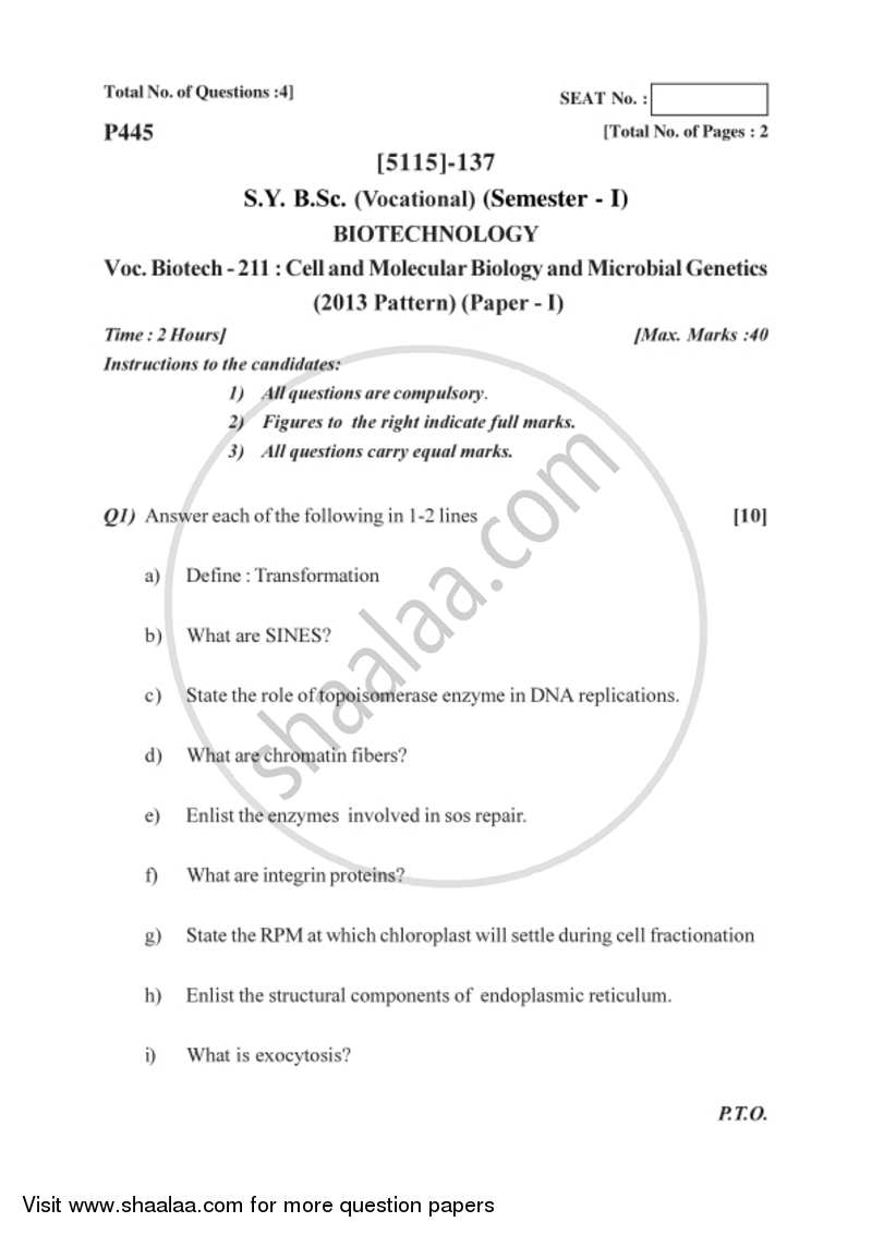 Cell and Molecular Biology Microbial Genetics 2016-2017 Semester 3 (FYBSc) - University of Pune question paper with PDF download
