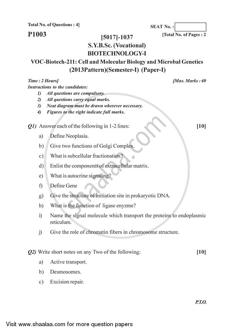 Cell and Molecular Biology Microbial Genetics 2016-2017 Semester 3 (FYBSc) - University of Pune question paper with PDF download