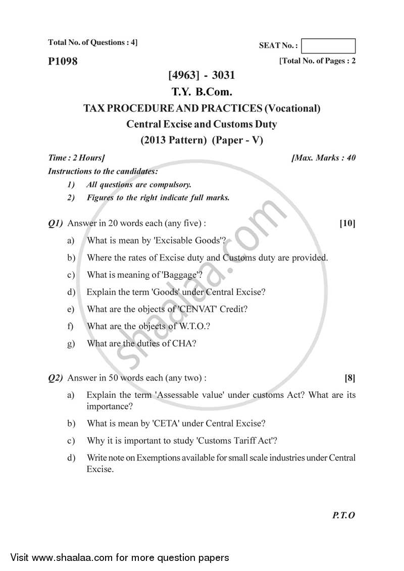 Central Excise and Custom Duty 2015-2016 T.Y.B.Com Vocational - University of Pune question paper with PDF download