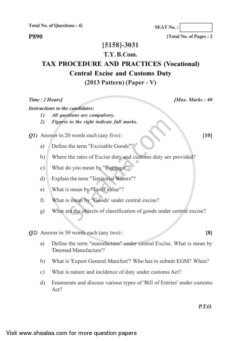 Central Excise and Custom Duty 2016-2017 T.Y.B.Com Vocational - University of Pune question paper with PDF download