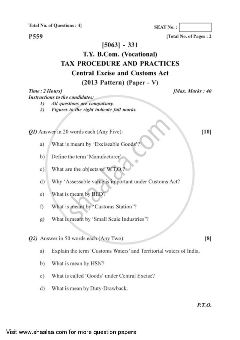 Central Excise and Custom Duty 2016-2017 T.Y.B.Com Vocational - University of Pune question paper with PDF download