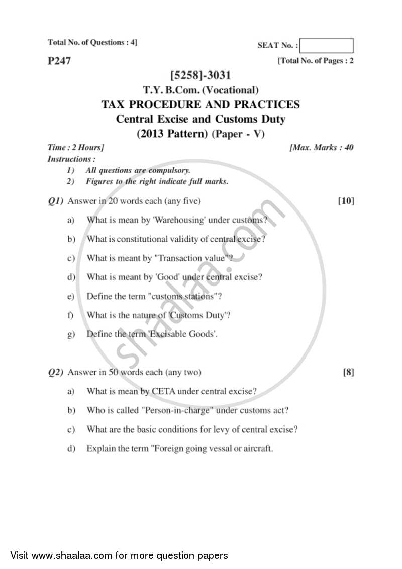 Central Excise and Custom Duty 2017-2018 T.Y.B.Com Vocational - University of Pune question paper with PDF download