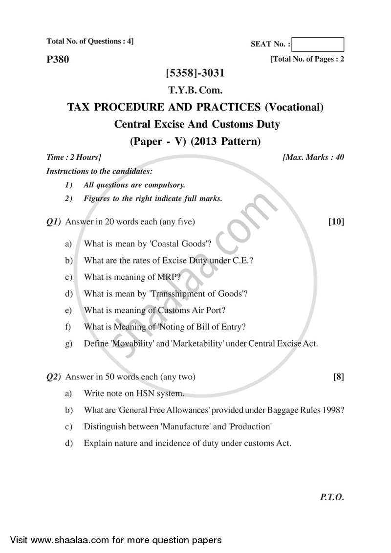 Central Excise and Custom Duty 2017-2018 T.Y.B.Com Vocational - University of Pune question paper with PDF download