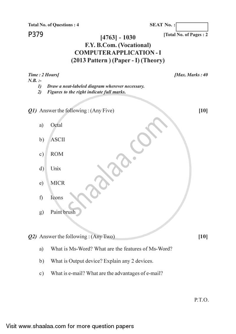 Computer Application 1 2014-2015 F.Y.B.Com Vocational - University of Pune question paper with PDF download