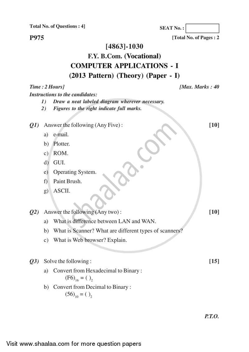 Computer Application 1 2015-2016 F.Y.B.Com Vocational - University of Pune question paper with PDF download
