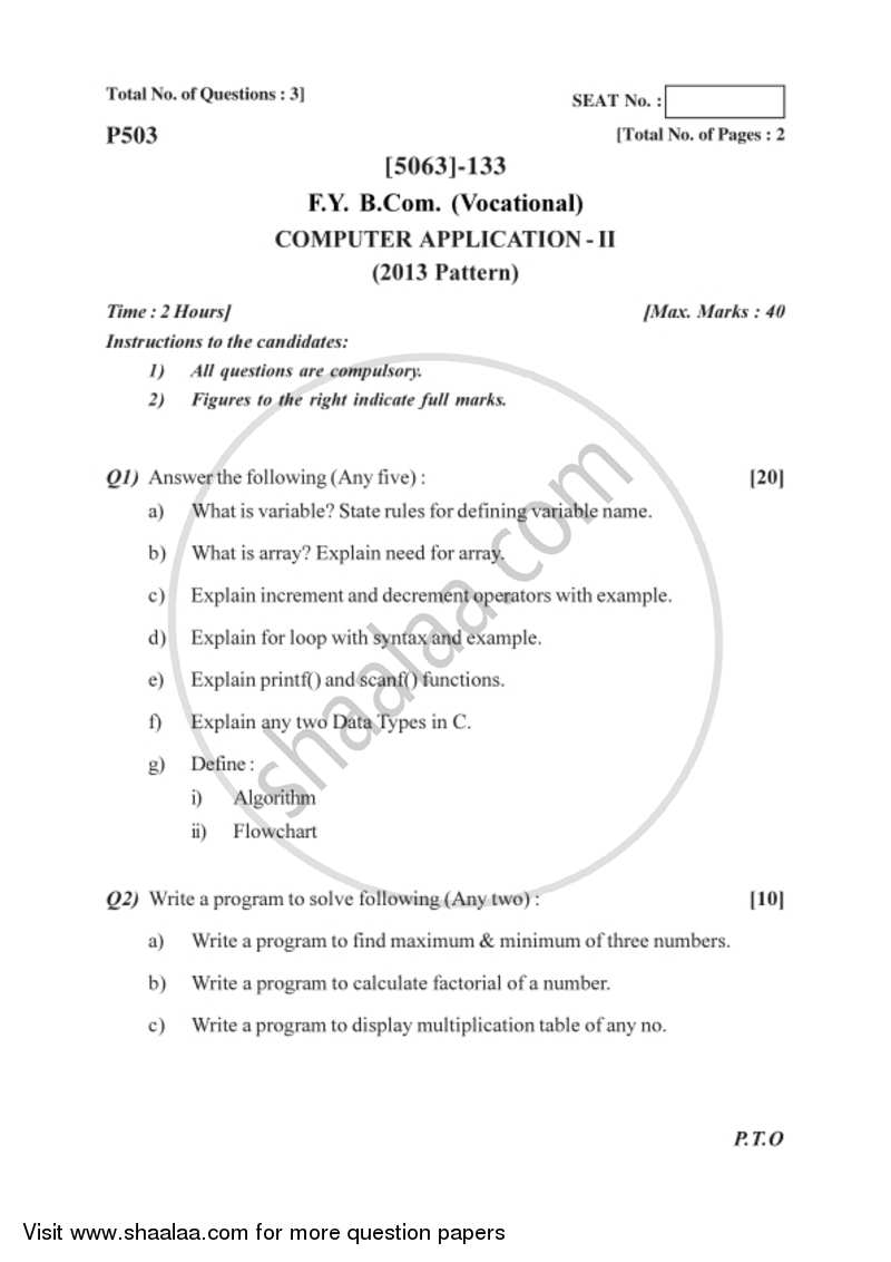 Computer Application 2 2016-2017 F.Y.B.Com Vocational - University of Pune question paper with PDF download