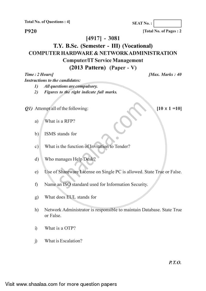 Computer/It Service Management 2015-2016 Semester 5 (FYBSc) - University of Pune question paper with PDF download